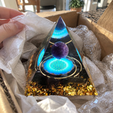 Amethyst & Obsidian Orgonite Pyramid – Sacred Geometry Crystal Decor