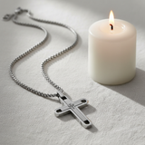 Silver Cross - White Linen Candle