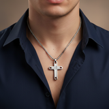 Silver Cross - Worn on Neck Navy Shirt