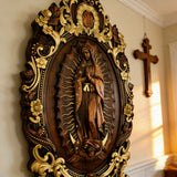Religious gift with rich details of the wooden statue of Our Lady of Guadalupe