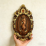 Religious gift with rich details of the wooden statue of Our Lady of Guadalupe