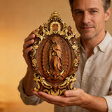 Religious gift with rich details of the wooden statue of Our Lady of Guadalupe