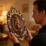 Religious gift with rich details of the wooden statue of Our Lady of Guadalupe