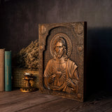 Our Lord Jesus Sacred Heart Wood Carving - Christian Catholic Personalized Carving Gift - BGCOPPER