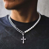 Cuban Chain Panel Pearl Cross Necklace - BGCOPPER