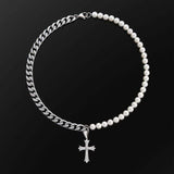 Cuban Chain Panel Pearl Cross Necklace - BGCOPPER