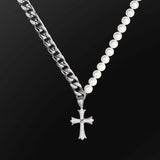 Cuban Chain Panel Pearl Cross Necklace - BGCOPPER