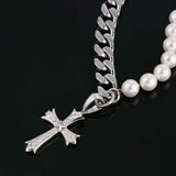 Cuban Chain Panel Pearl Cross Necklace - BGCOPPER