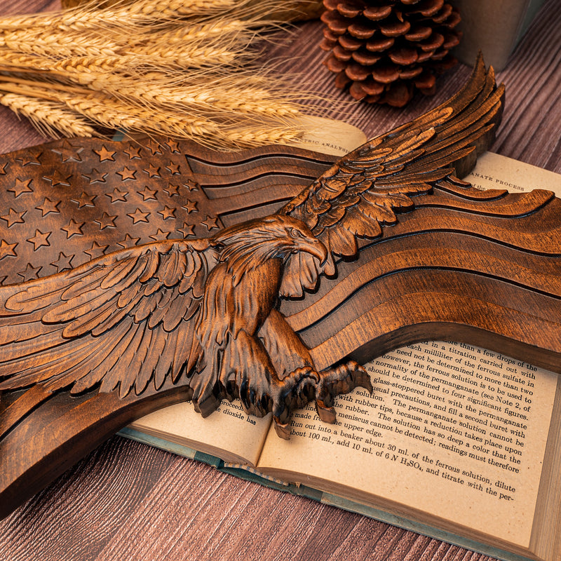 American flag with eagle wooden sign, eagle flag wood carving wall decoration, 3D engraving USA flag and bald eagle