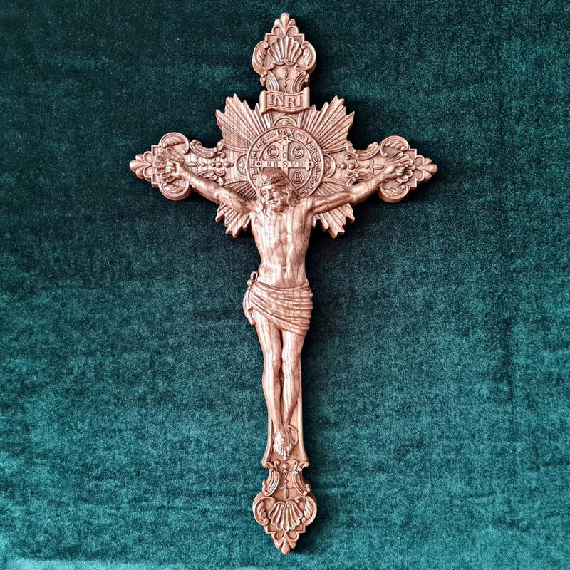 Wood Carving of Jesus Cross with St. Benedict's Exorcism
