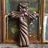 Holy Family wood icon decoration, Joseph, Mary, Baby Jesus, carved wooden cross, wall decoration - BGCOPPER