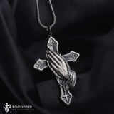 Pure Tin Praying Hand and Crucifix Pendant Necklace - BGCOPPER