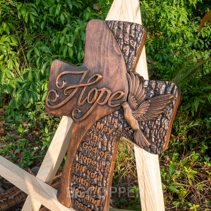 Ornate "Love" "Faith" "Hope" Wooden Cross, Solid Wood Cross