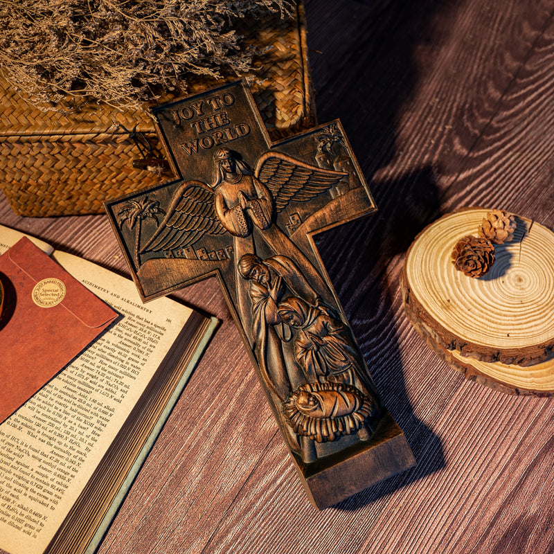 Christmas cross, Nativity cross,Joy to the world wood carving- best Christmas gift