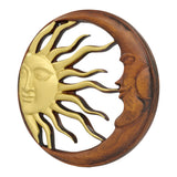 Hand-Carved Sun and Moon Wooden Wall Decor – Gold & Rustic Brown Celestial Wall Hanging