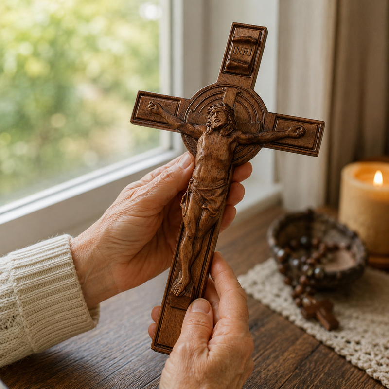 Hand-carved wooden Crucifix trust and craftsmanship