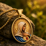 Enamel Immaculate Heart Virgin Mary Oval Gold Stainless Steel Necklace