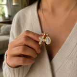 Gold-Tone Copper Zircon Cross & Miraculous Medal Double Pendant Necklace – Christian Faith Jewelry