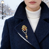 Our Lady of Guadalupe 11-Pearl Brooch with Crystal Cross Pendant