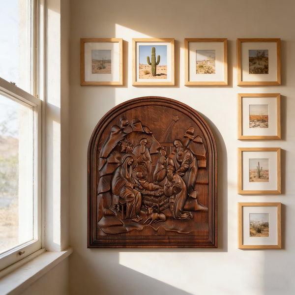 Natural Beech Nativity Scene Wood Carving Plaque: The Heart of Christmas in Handcrafted Wood