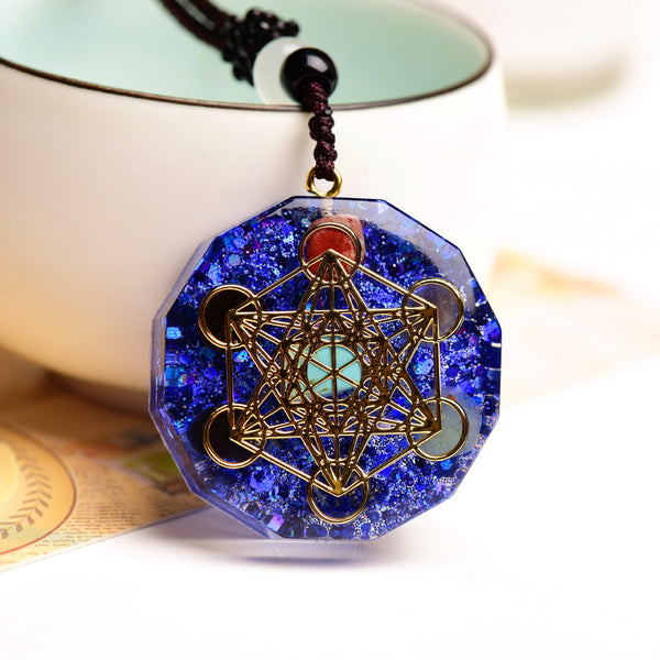 Metatron Tesseract Necklace, Epoxy Stone Sacred Geometry Pendant, Spiritual Protection Medal
