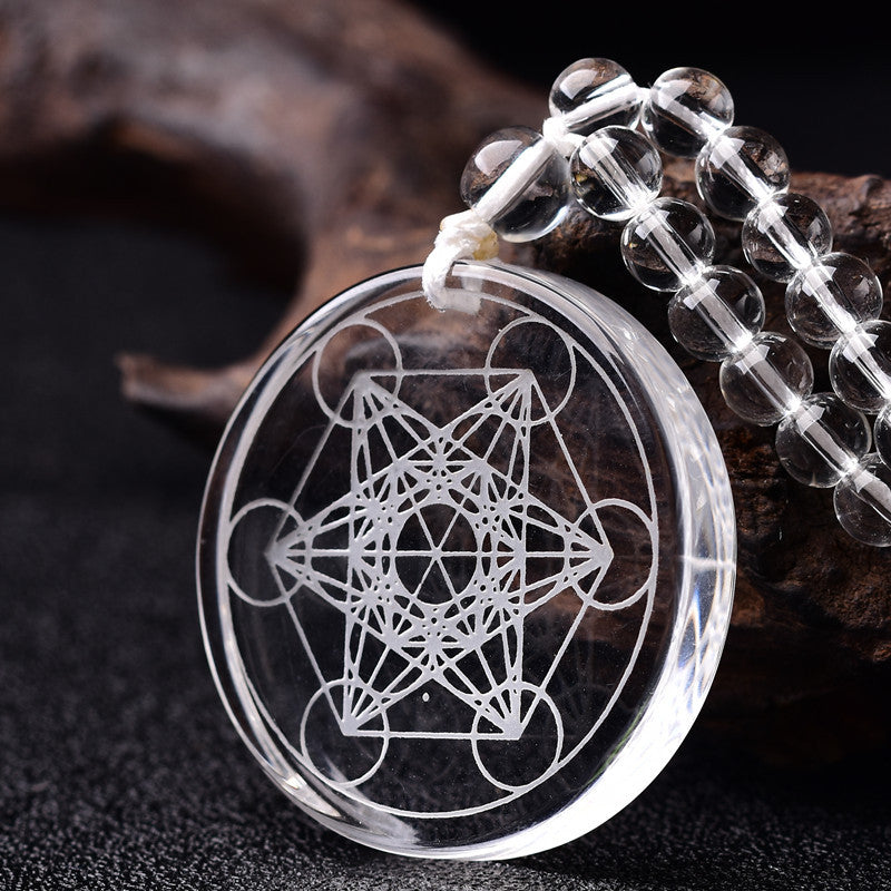 White Crystal Metatron Tesseract Necklace, Spiritual Protection Medal
