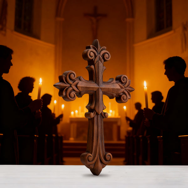 Bgcopper Ornate Wooden Cross - Carved from natural wood