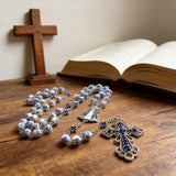 Our Lady & Cross Rosary: 8mm Blue Floral Acrylic Beads with Alloy Chain