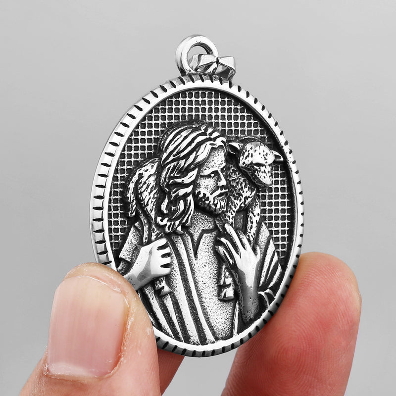 Titanium Steel Shepherd Jesus Christ with Lamb Christian Necklace