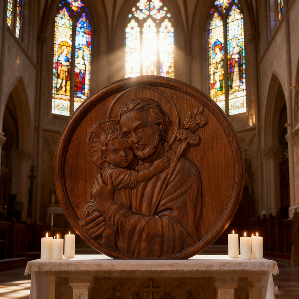 Joseph and Baby Jesus wood carving plaque - Father‘s day gift