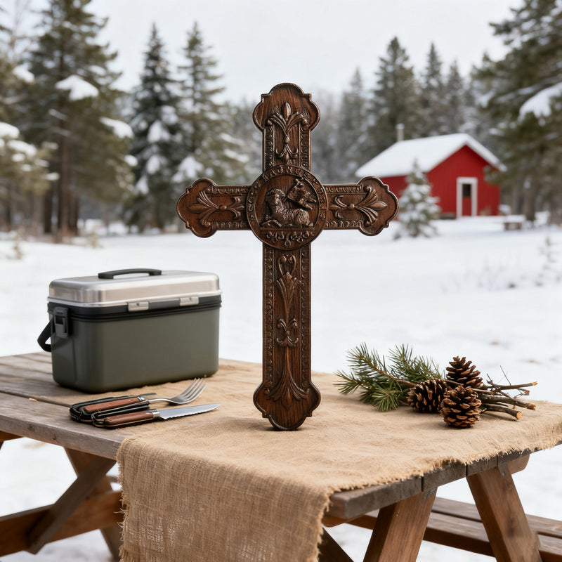 Bgcopper Lamb of God Wood Carving Cross Wall Decor - Paschal lamb