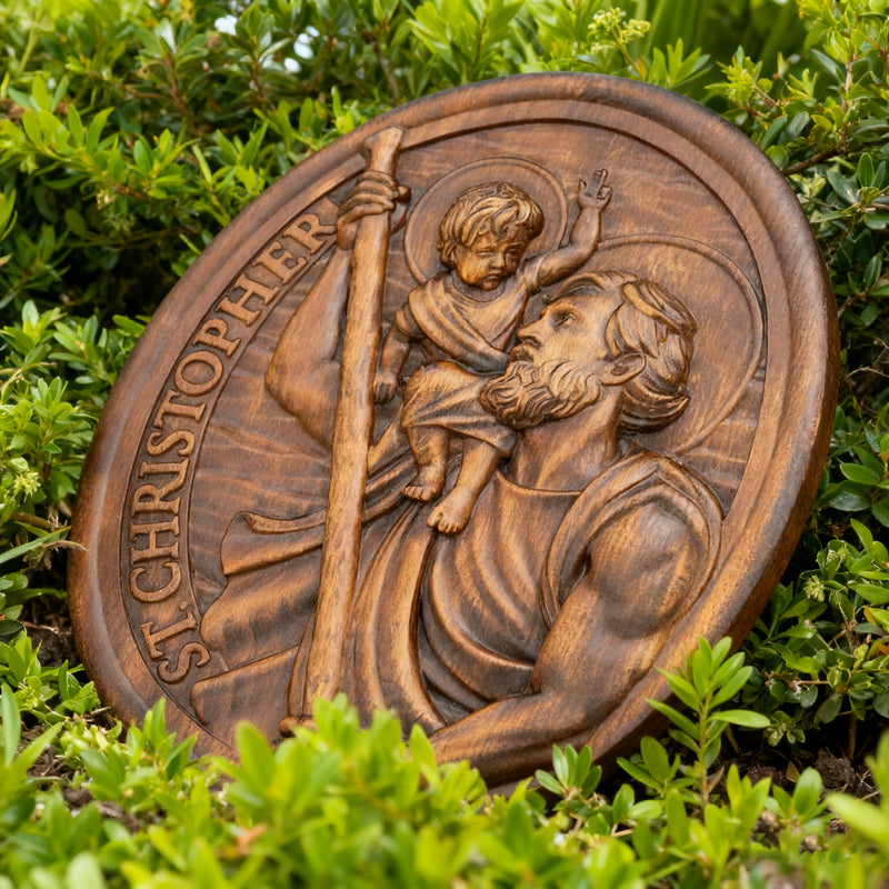 St.Christopher Christian Wood Carving Plaque/The patron saint of travelers
