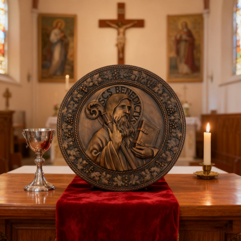 Saint Benedict religious icon, natural wood carved wall decoration
