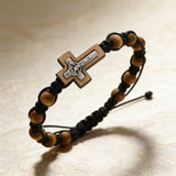 8mm Pine Wood Bead Cross Bracelet | Adjustable Catholic Rosary Bracelet