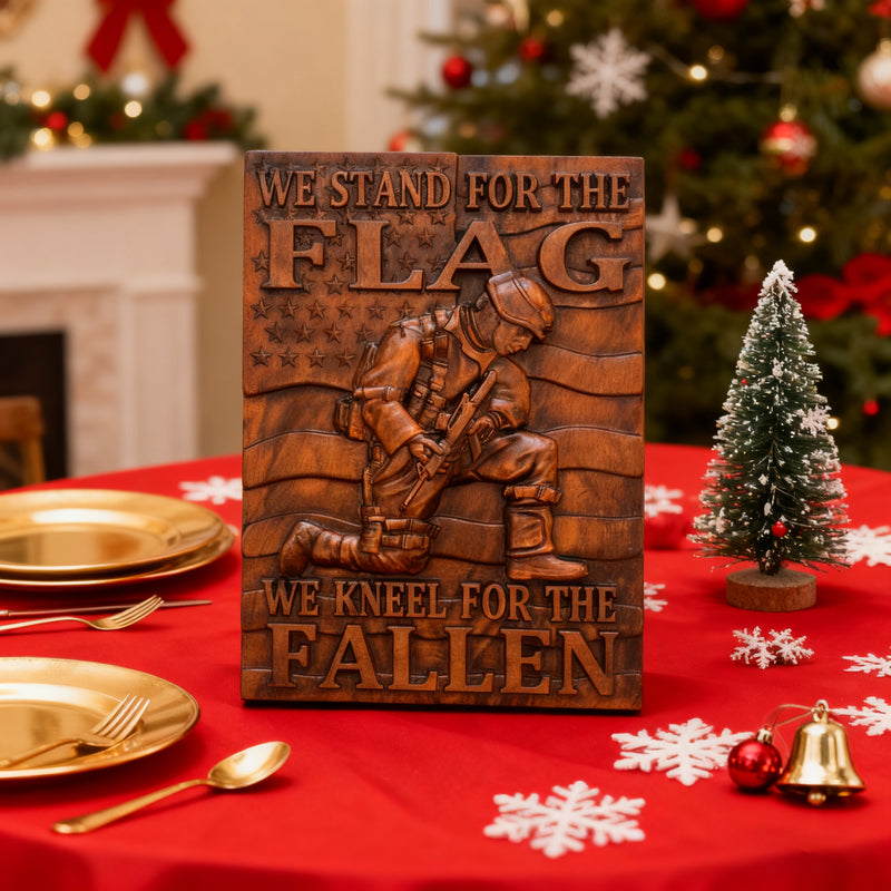 We Stand For The Flag, We Kneel For The Fallen -American soldier wood carving memorial icon