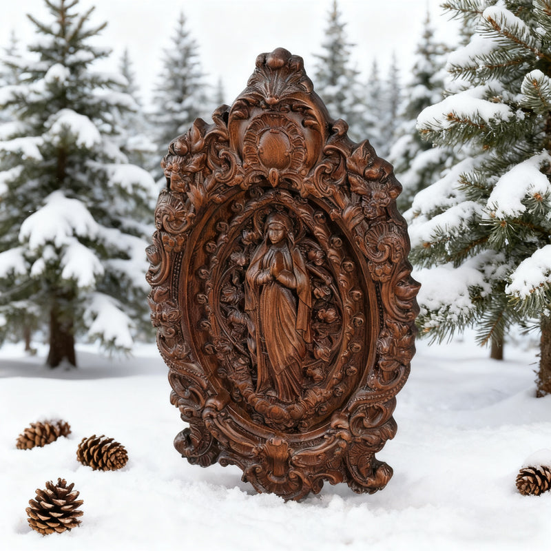Hand-Carved Our Lady of Grace Wooden Icon: A Christian Symbol of Mary’s Devotion