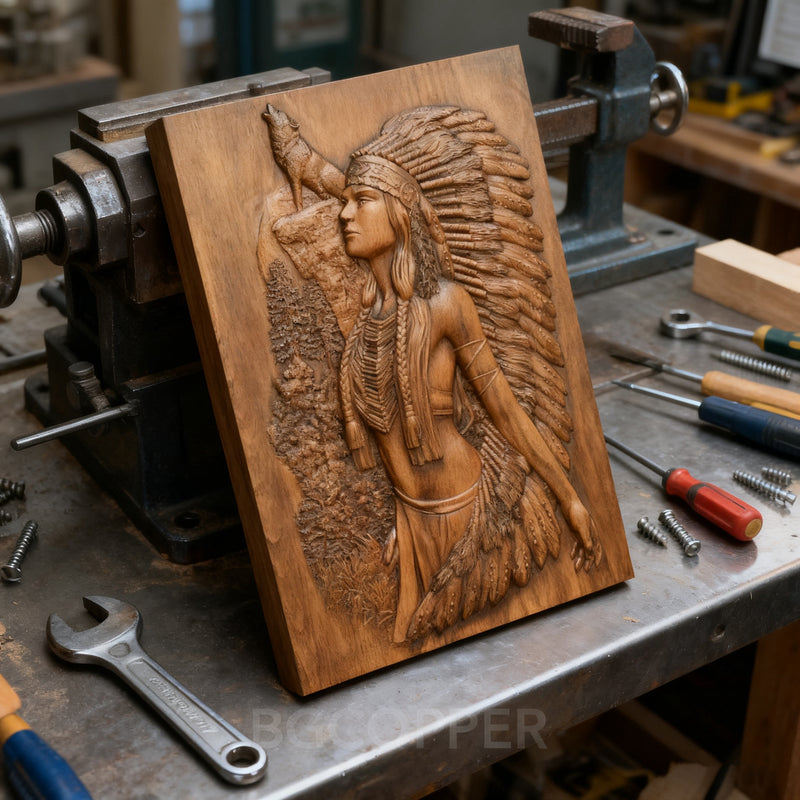 Native American Woman Wood Carving - Hand-Carved Solid Wood Art - Indigenous Home Decor