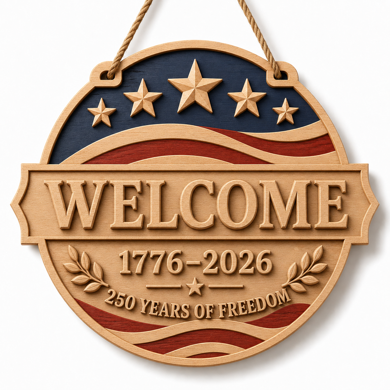 Beech wood patriotic welcome sign with stars, flag waves, and 1776 to 2026 engraving