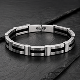Men's Black‑Silver Striped Titanium Steel Bracelet, Geometric Textured Link Wristband, Rugged Business Men Jewelry