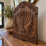 Hand-Carved Beech Wood Menorah & Olive Tree Plaque – Jewish Faith Home Décor