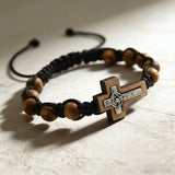 8mm Pine Wood Bead Cross Bracelet | Adjustable Catholic Rosary Bracelet