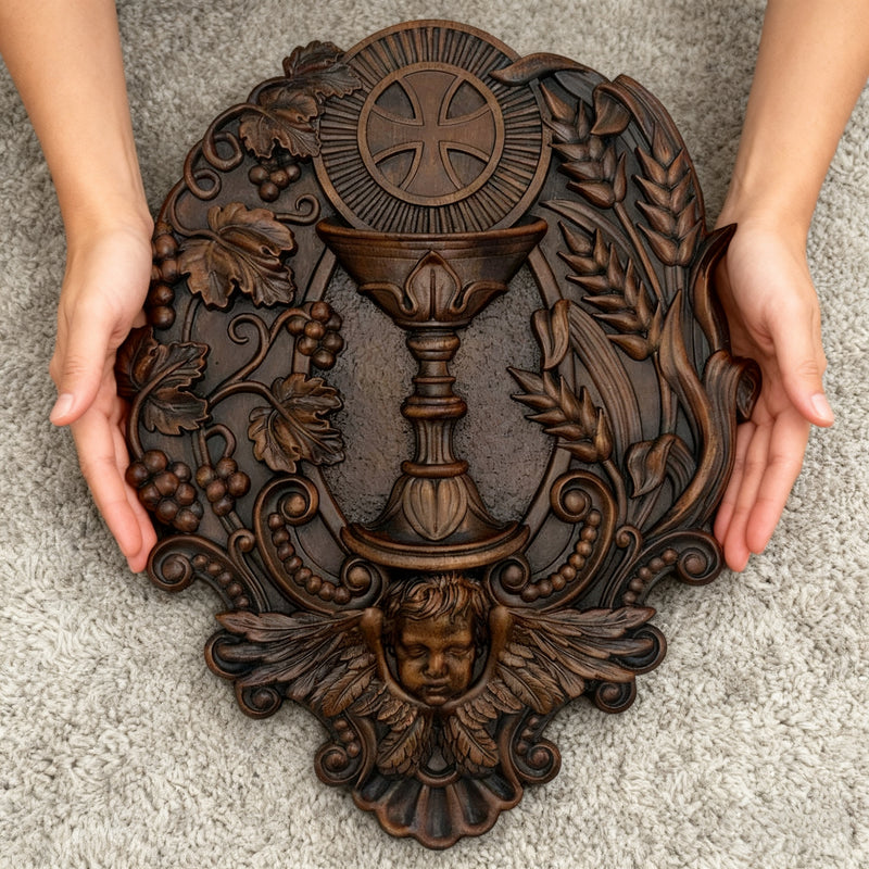 First Communion Christian Wood Carving - Sacrament of the Holy Eucharist Plaque