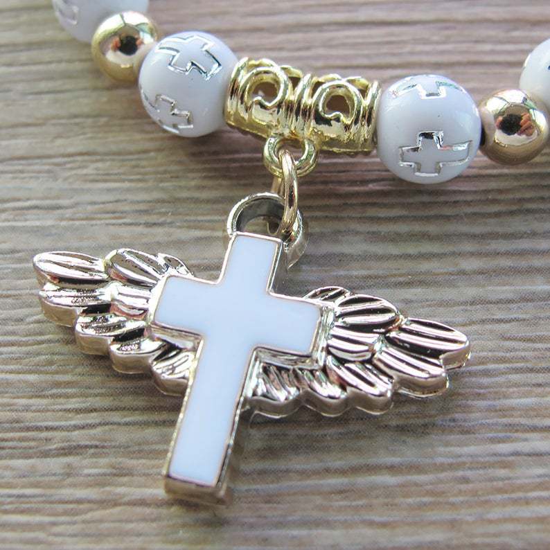Angel Wing Cross Rosary Bronzing Acrylic Baptism Stretch Beaded