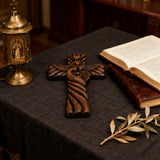 Holy Family wood icon decoration, Joseph, Mary, Baby Jesus, carved wooden cross, wall decoration