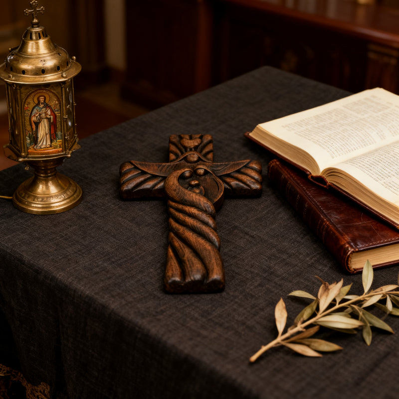 Holy Family wood icon decoration, Joseph, Mary, Baby Jesus, carved wooden cross, wall decoration