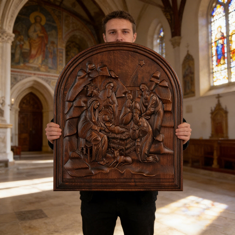 Natural Beech Nativity Scene Wood Carving Plaque: The Heart of Christmas in Handcrafted Wood