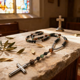 New African pine yellow tiger eye vintage natural stone long cross rosary necklace