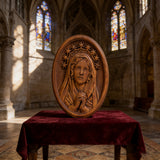 Our Lady in Tears and Prayer with a Nine-Star Halo — Hand-Carved Beechwood Statue