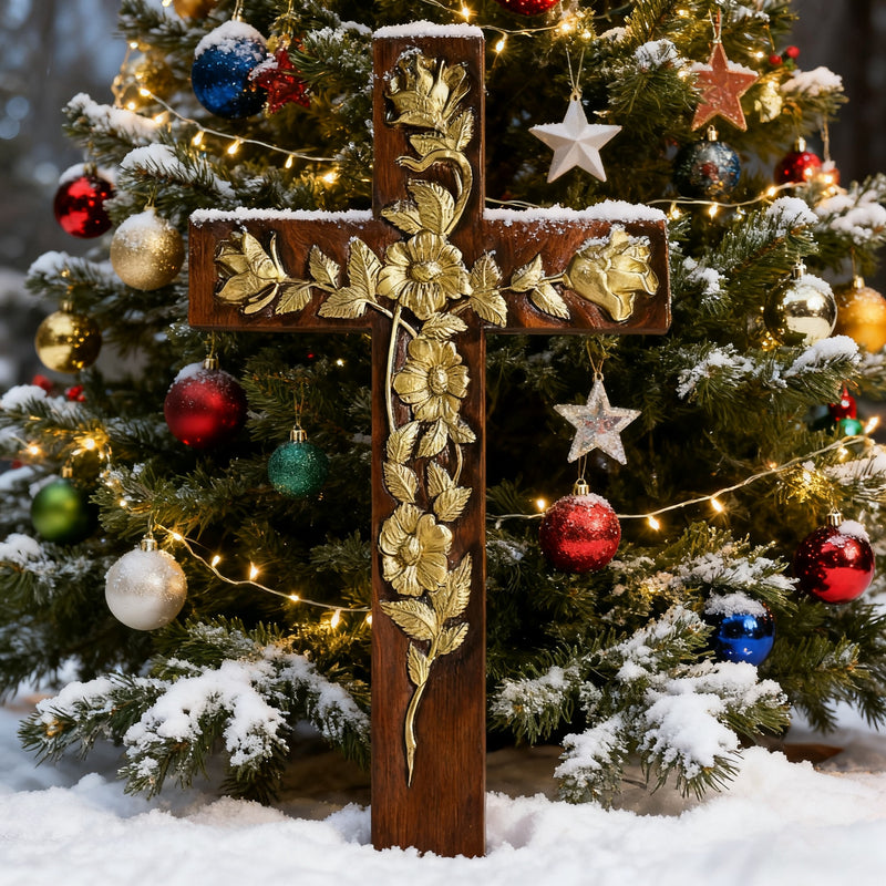 Hand-Carved Rose Cross Wall Art ✝️🌹 | Solid Beechwood Christian Decor with Golden Flowers