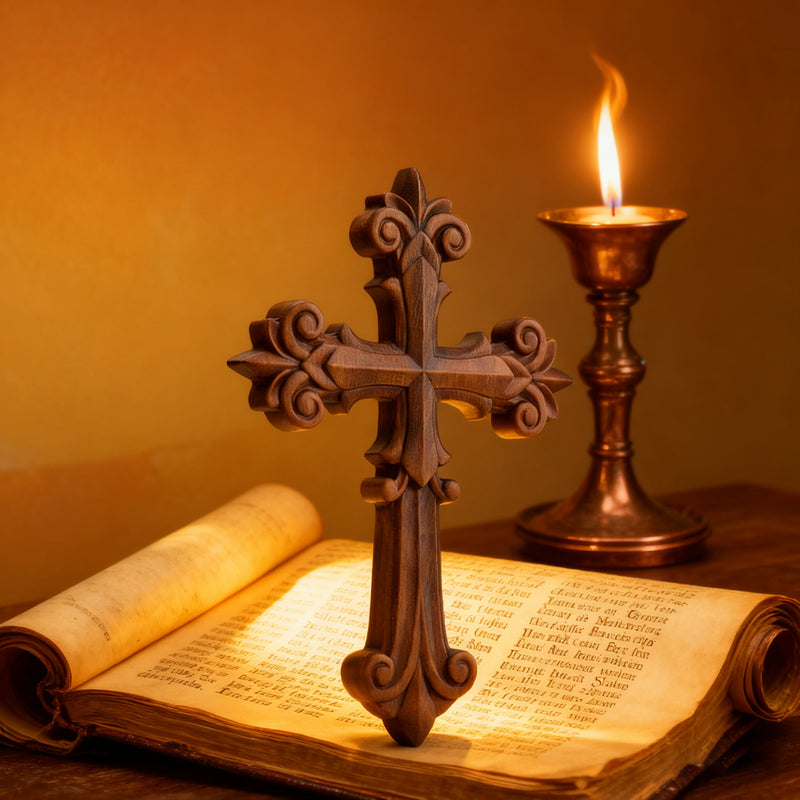 Bgcopper Ornate Wooden Cross - Carved from natural wood